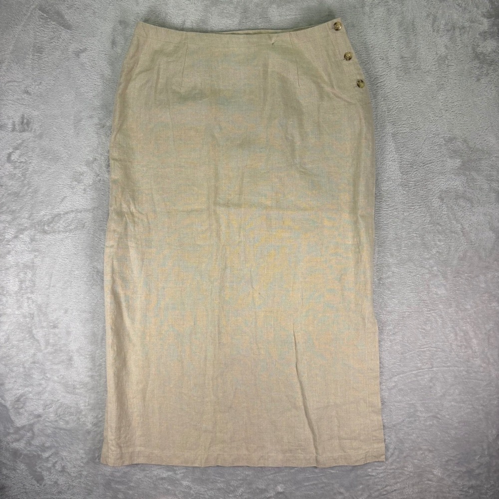 Vtg‎ Eddie Bauer Women's Linen Midi Skirt Size 16 Beige Button Side Slit Coastal